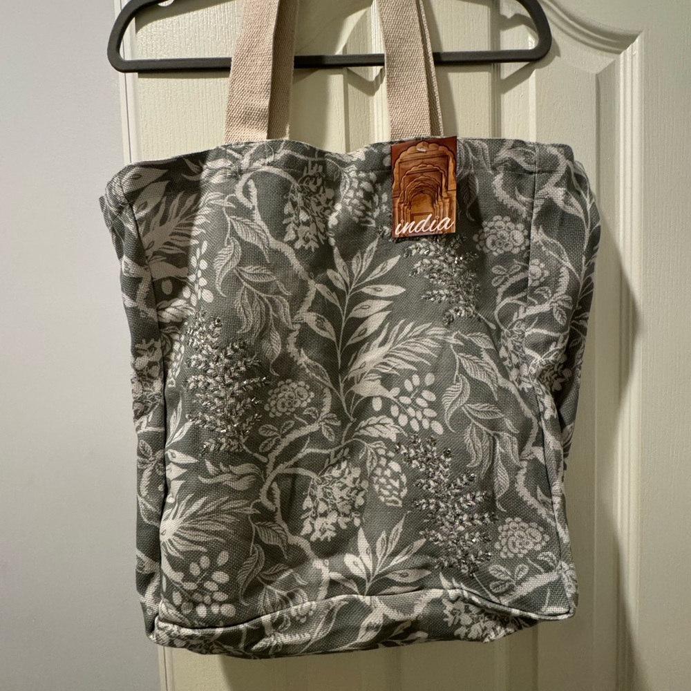 NWT Floral Gray Tote Bag. Beaded by hand.